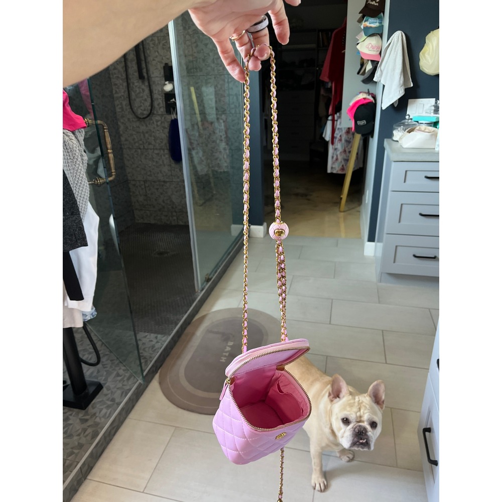 Pink Quilted Mini Vanity Case Crossbody Bag Gold Chain Flower Charm Boho Chic - Picture 7 of 12